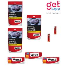 Sparset Tabak West Red L Beutel. Drei rot-graue Beutel mit West Logo, West Rot 200 Hülsen und Feuerzeug.