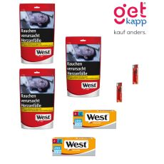 Sparset Tabak West Red L Beutel. Drei rot-graue Beutel mit West Logo, West Yellow 250 Hülsen und Feuerzeuge.
