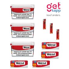 Sparset Tabak West Mega Box Eimer. Drei rot-graue Eimer mit West Logo mit West Red 200 Hülsen und Feuerzeug.