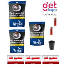 Sparset Tabak Winston blau Beutel. Drei blaue Beutel mit Hülsen, Ascher und Feuerzeuge.