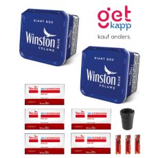 Sparset Tabak Winston blau. Zwei blaue Eimer mit Hülsen, Ascher und Feuerzeuge.