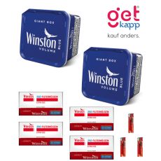 Sparset Tabak Winston blau Extra Hülsen. Zwei blaue Eimer mit Winston 250 Hülsen und Feuerzeuge.