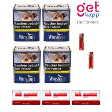 Sparset Tabak Winston Premium Blau S. Vier blaue Dosen mit Winston Hülsen, Ascher und Feuerzeugen.