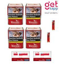 Sparset Tabak Winston Premium Rot S. Vier rote Dosen mit Winston 250 Extra Hülsen und Feuerzeugen.