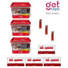 Sparset Tabak Winston Rot Mega Box. Drei kleine rote Eimer mit Hülsen, Ascher und Feuerzeuge.