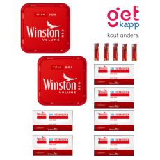 Sparset Tabak Winston Rot Titan Box. Zwei sehr großer rote Eimer mit Winston 200 Hülsen und Feuerzeuge.