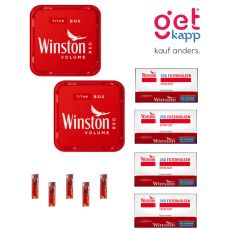 Sparset Tabak Winston Rot Titan Box. Zwei sehr großer rote Eimer mit Winston 250 Extra  Hülsen und Feuerzeuge.