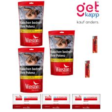 Sparset Tabak Winston rot Beutel XXL. Drei rote Beutel mit Hülsen, Ascher und Feuerzeuge.