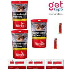 Sparset Tabak Winston Rot Beutel XXL. Drei rote Beutel mit Winston 200 Hülsen und Feuerzeuge.