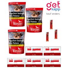 Sparset Tabak Winston Rot Beutel XXXL. Drei große rote Beutel mit Hülsen, Ascher und Feuerzeuge.