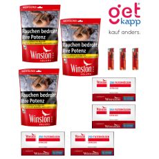 Sparset Tabak Winston Rot Beutel XXXL. Drei große rote Beutel mit Winston 250 Extra Hülsen und Feuerzeuge.