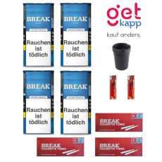 Sparset Break Tabak Blau 100g Dose. Vier blaue Dosen mit weißem Break Logo, Hülsen, Aschenbecher und Feuerzeuge.