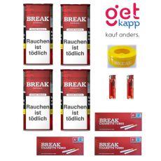Sparset Break Tabak Original Rot 100g Dose. Vier rote Dosen mit weißem Break Logo, Hülsen, Aschenbecher und Feuerzeuge.