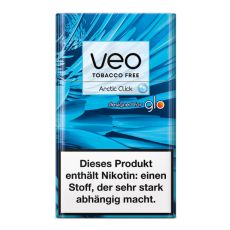 Packung  Veo Herbal Sticks Arctic Click. Blau-gemusterte Packung mit Veo und Glo Logo.