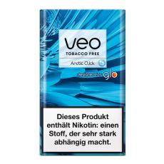 Packung Veo Herbal Sticks Arctic Click. Blau-gemusterte Packung mit Veo und Glo Logo.