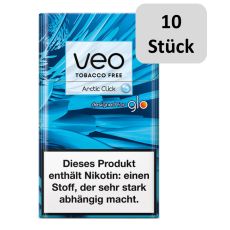 Stange Veo Herbal Sticks Arctic Click. Blau-marmorierte Packung mit Veo und Glo Logo und 10 Stück Bottom.
