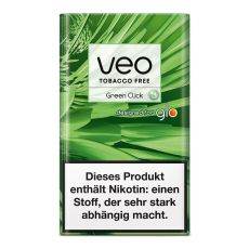 Packung  Veo Herbal Sticks Green Click. Grün-gemusterte Packung mit Veo und Glo Logo.