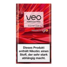 Packung  Veo Herbal Sticks Scarlet Click. Rot-gemusterte Packung mit Veo und Glo Logo.