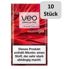 Stange Veo Herbal Sticks Scarlet Click. Rot marmorierte Packung mit Veo und Glo Logo und 10 Stück Bottom.
