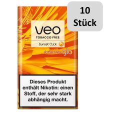 Stange Veo Herbal Sticks Sunset Click. Orange-gelb marmorierte Packung mit Veo und Glo Logo und 10 Stück Bottom.