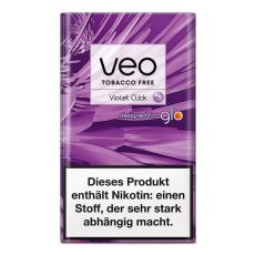 Packung  Veo Herbal Sticks Violet Click. Lila-gemusterte Packung mit Veo und Glo Logo.