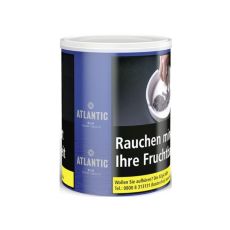 Dose Tabak Atlantic Blue. Mittelgroße blaue Dose mit silbernen Atlantic Logo und Aschenbecher mit Babybild aus Asche.