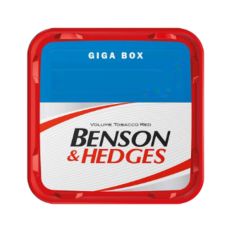 Eimer Tabak Benson & Hedges Giga Box. Rot-weiße Dose mit rot-schwarzer Benson & Hedges Aufschrift.