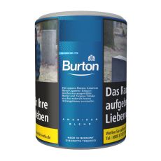 Dose Feinschitt-Tabak Burton Blau. Blaue Dose mit weißer Burton Aufschrift und Logo.