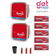 Sparset Tabak Burton Original Full Flavor rot 400g L. Zwei rote Eimer mit Break Hülsen, Ascher und Feuerzeuge.