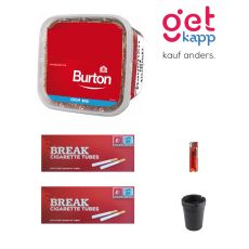 Sparset Tabak Burton Original Full Flavor rot 400g M. Ein roter Eimer mit Break Hülsen, Ascher und Feuerzeuge.