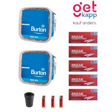 Sparset Tabak Burton Volume Blau M. Zwei blaue Eimer mit Break Hülsen, Ascher und Feuerzeuge.