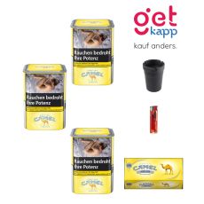 Sparset Tabak Camel Premium Gelb. Drei gelbe Dosen mit Camel Hülsen, Ascher und Feuerzeug.