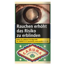 Pouch Canuma Feinschnitt-Tabak. Grünes Päckchen mit blau-rotem Canuma Logo.
