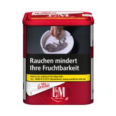 Dose L&M Tabak rot 75g. Rote Dose mit weißem L&M Logo und Hinweis Chesterfield heisst jetzt.