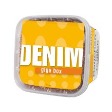 Eimer Tabak Classic Volume 4XL Giga Box. Großer gelber Eimer mit weißer Denim Aufschrift und Punkten.