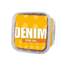 Eimer Tabak Denim Classic Volume Mega Box. Gelber Eimer mit weißer Denim Aufschrift und gelben Punkten.