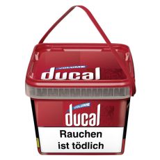 Ducal Tabak Volume. Roter Eimer mit weißer Ducal Aufschrift und schwarz-weißem Warnhinweis.