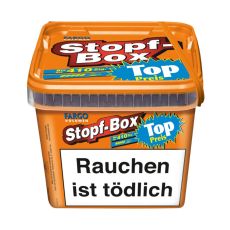 Eimer Tabak Fargo Stopf-Box Orange. Orangener Eimer mit weißem Stopf-Box und blauem Fargo Logo mit Top Preis Buttom.