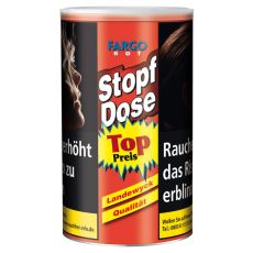 Dose Tabak Fargo Stopf Dose Rot XXL. Rot-gelbe Dose mit weißem Stopf Dose und blauem Fargo Logo.