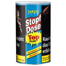 Dose Tabak FargoStopf-Dose XXL Blau Fine. Blaue Dose mit gelben Fargo Logo und weißem Stopf-Dose Buttom.