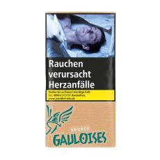 Pouch Tabak Gauloises Source Bronce. Beiges Päckchen mit grünem Gauloises Logo und Warnhinweis.