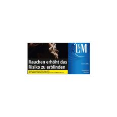 Block L&M Tabak Blau. Blaue Packung mit weißem L&M Logo und Löwen mit Warnhinweis.