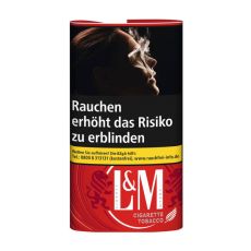Pouch L&M Tabak Rot. Rotes Päckchen mit weißem L&M Logo und Löwen mit Warnhinweis.