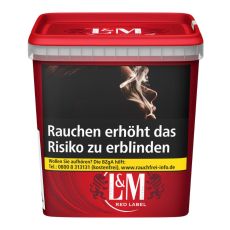 Eimer L&M Tabak Super Box. Roter Eimer mit  weißem L&M Logo mit Löwen und Warnhinweis.