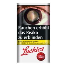 Pouch Tabak Lucky Strike Original Red. Weißes Päckchen mit roter Lucky Strike Aufschrift und Auge.