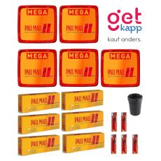 Sparset Tabak Pall Mall fünf orange-rote Boxen mit Hülsen, Ascher und Feuerzeuge.