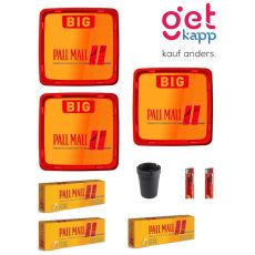 Sparset Tabak Pall Mall drei orange-rote Boxen mit Hülsen, Ascher und Feuerzeuge.