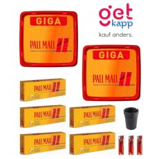 Sparset Tabak Pall Mall zwei orange-rote Boxen mit Hülsen, Ascher und Feuerzeuge.