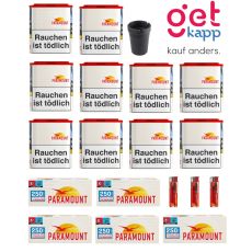 Sparset Tabak Paramount 50g Dose. Zehn weiße Dosen mit Paramont Logo mit Paramount Hülsen, Ascher und Feuerzeugen.