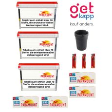 Sparset Tabak Paramount 165g Mega Box L. Drei weiße Eimer mit Logo und Paraomount Hülsen, Ascher und Feuerzeugen.
